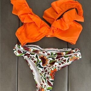Orange Ruffle Bikini Top with Floral Bottom